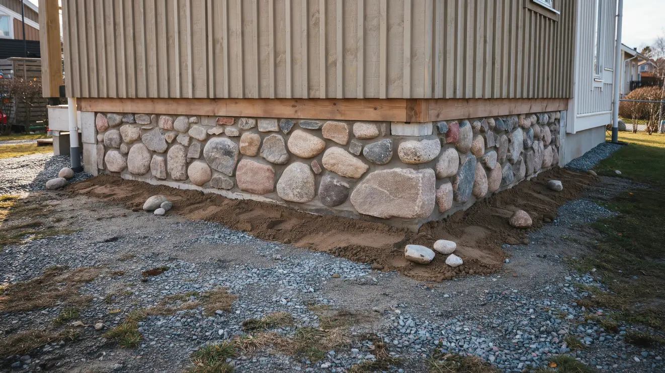 inmurning med natursten under utbyggnad p plintgrund i k ge